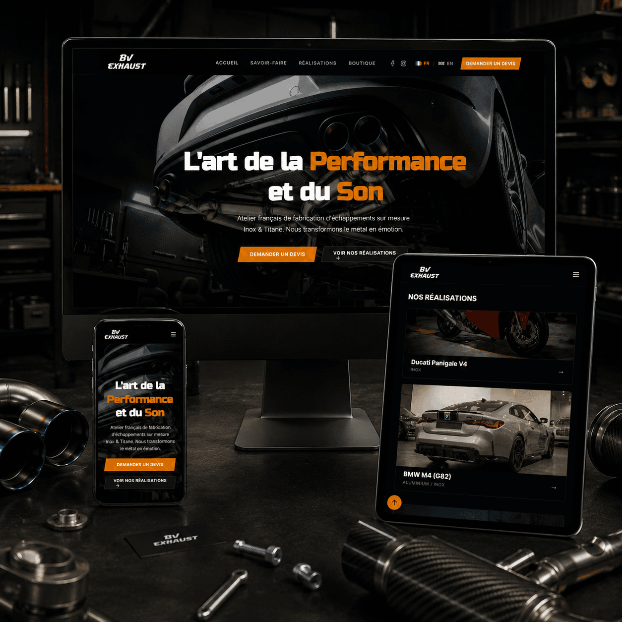 Présentation responsive du site BV Exhaust sur ordinateur, tablette et mobile