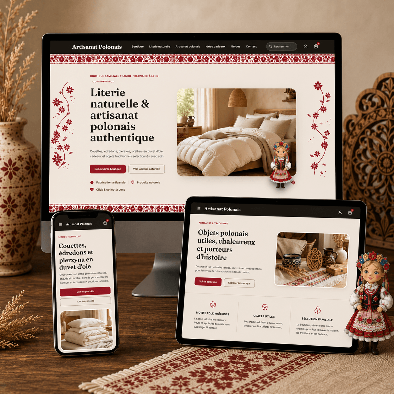 Présentation responsive du site Artisanat Polonais sur ordinateur, tablette et mobile