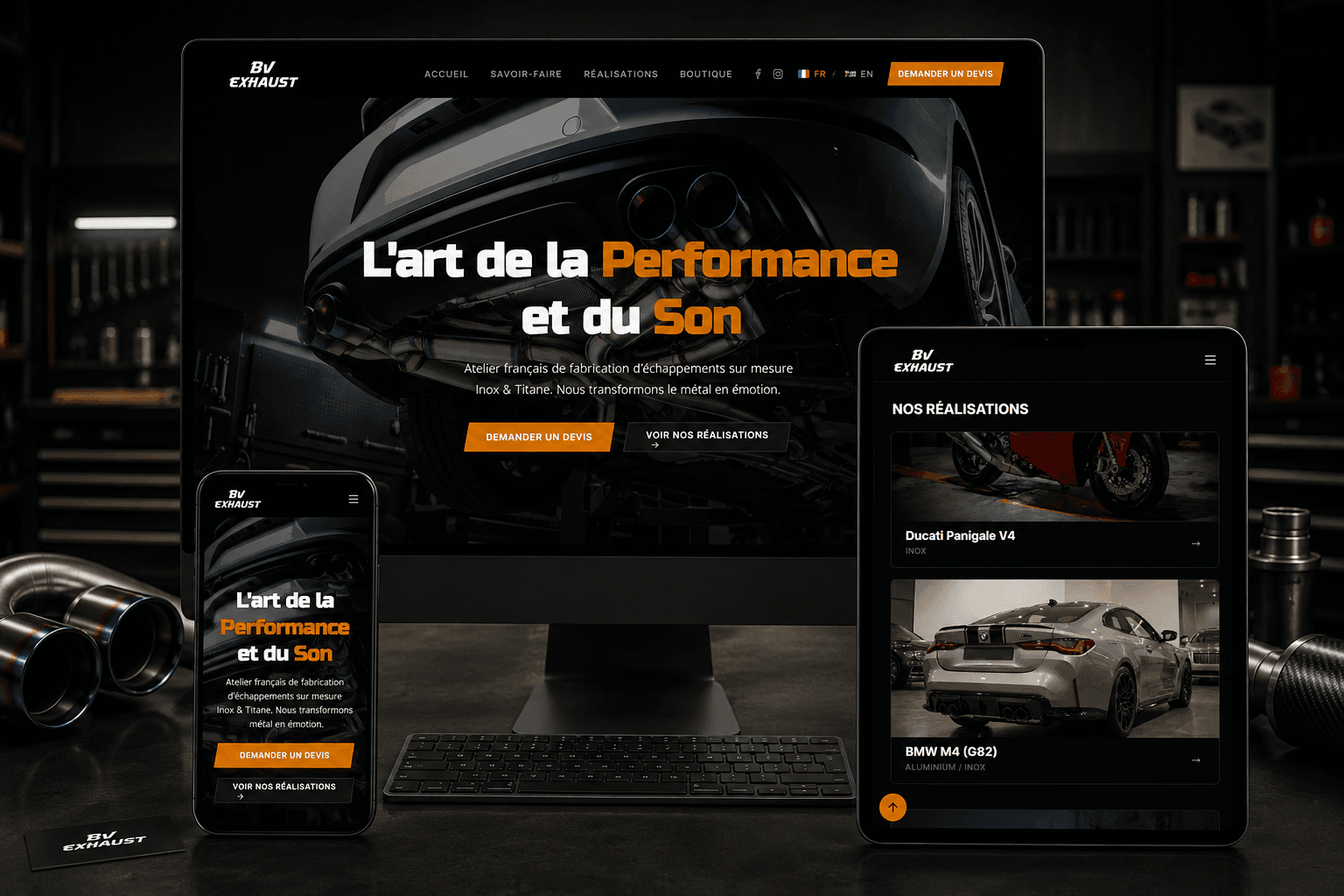 Site vitrine BV Exhaust présenté sur ordinateur, tablette et mobile
